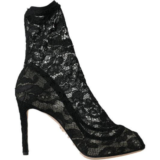 Dolce & Gabbana Black Stretch Taormina Lace Boots Shoes LA10784-37.5