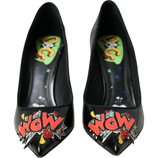Dolce & Gabbana Black Leather WOW Patch Heels Pumps Shoes LA10860-39