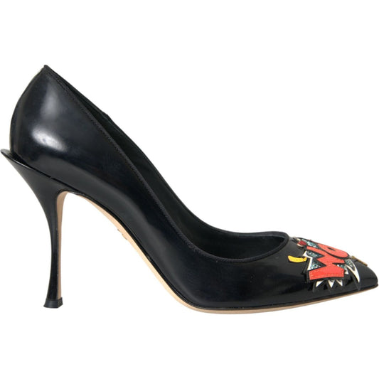 Dolce & Gabbana Black Leather WOW Patch Heels Pumps Shoes LA10860-39