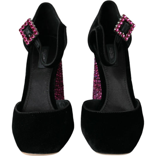 Dolce & Gabbana Black Velvet Strass Crystal Mary Janes Shoes LA10773-38.5
