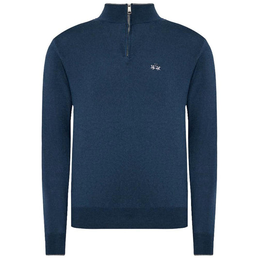 La Martina Blue Wool Men Sweater with Half Zip Closure LA-13107-XXL