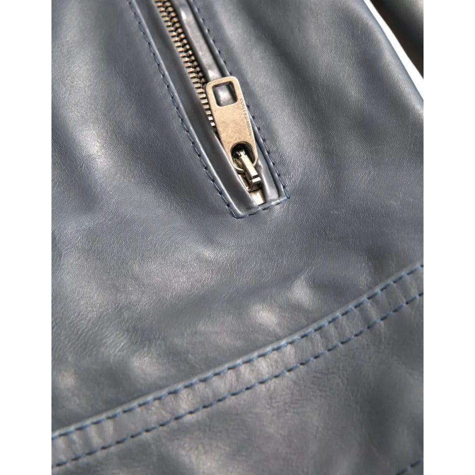 Dolce & Gabbana Blue Leather Full Zip Biker Blouson Jacket JKT4053-48