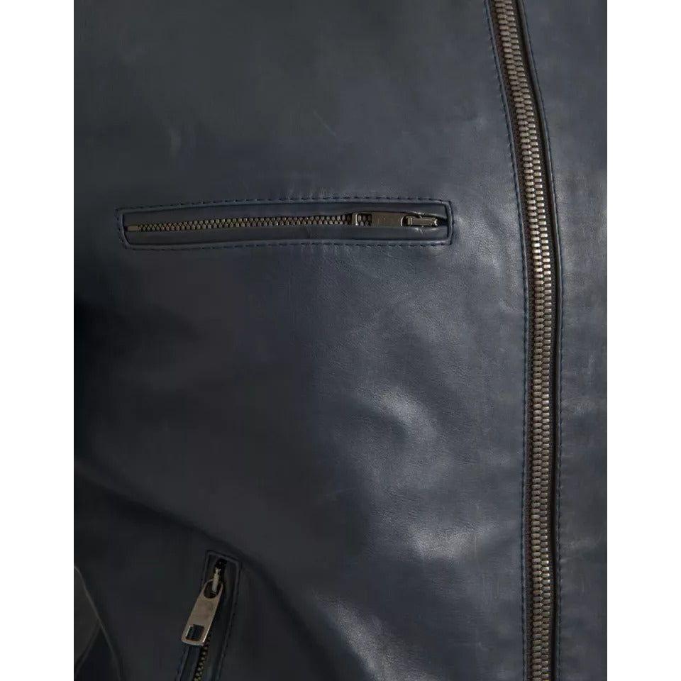 Dolce & Gabbana Blue Leather Full Zip Biker Blouson Jacket JKT4053-48