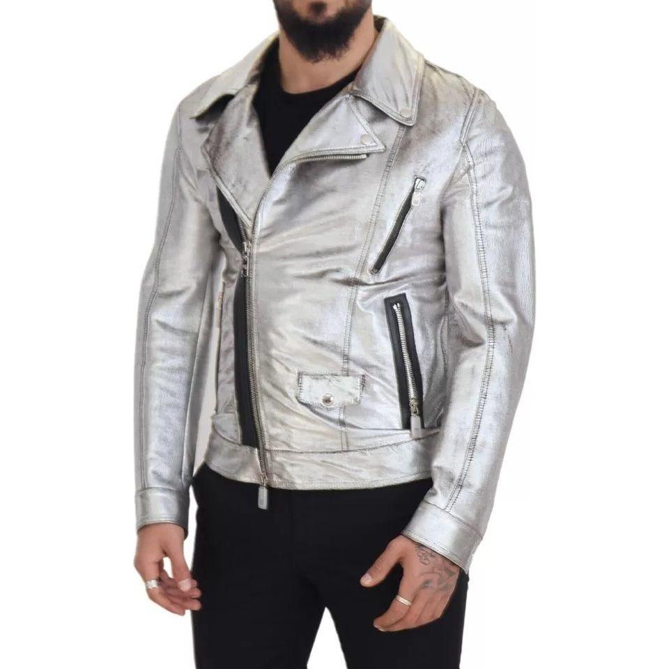 Dolce & Gabbana Silver Leather Biker Coat Lambskin Jacket JKT3461-48