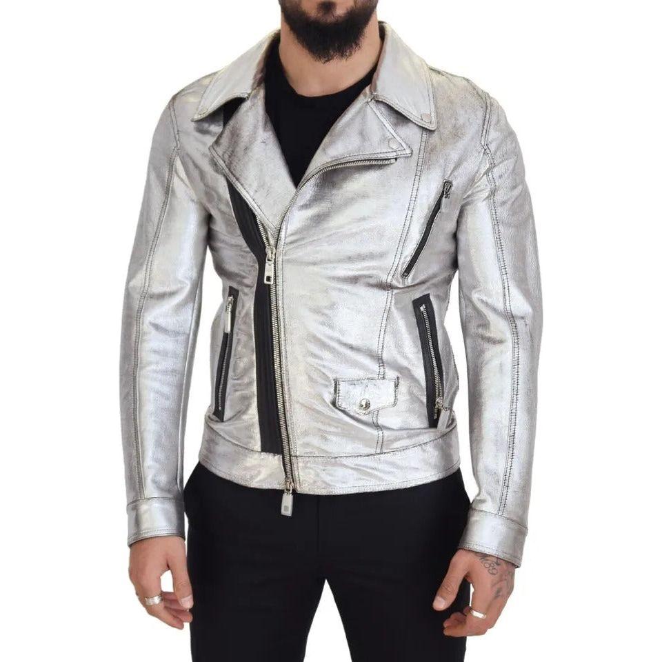 Dolce & Gabbana Silver Leather Biker Coat Lambskin Jacket JKT3461-48