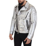 Dolce & Gabbana Silver Leather Biker Coat Lambskin Jacket JKT3461-48