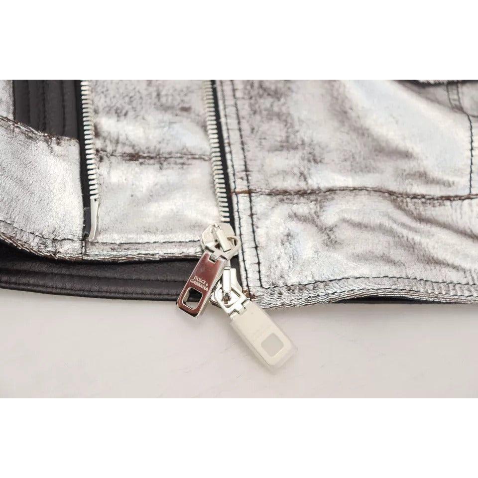 Dolce & Gabbana Silver Leather Biker Coat Lambskin Jacket JKT3461-48