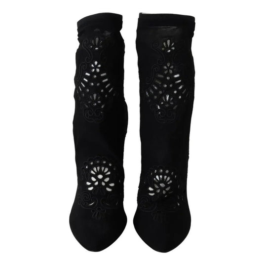 Dolce & Gabbana Black Stretch Pumps Boots Floral Lace Shoes LA8945-39