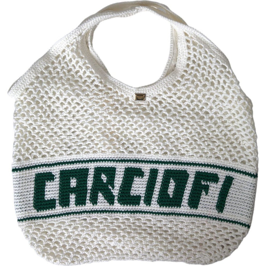 Dolce & Gabbana White Green Knitted Cotton Logo Shopping Tote Bag BAG1448