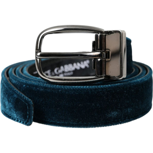 Dolce & Gabbana Blue Velvet Leather Silver Metal Buckle Belt BEL9177-95