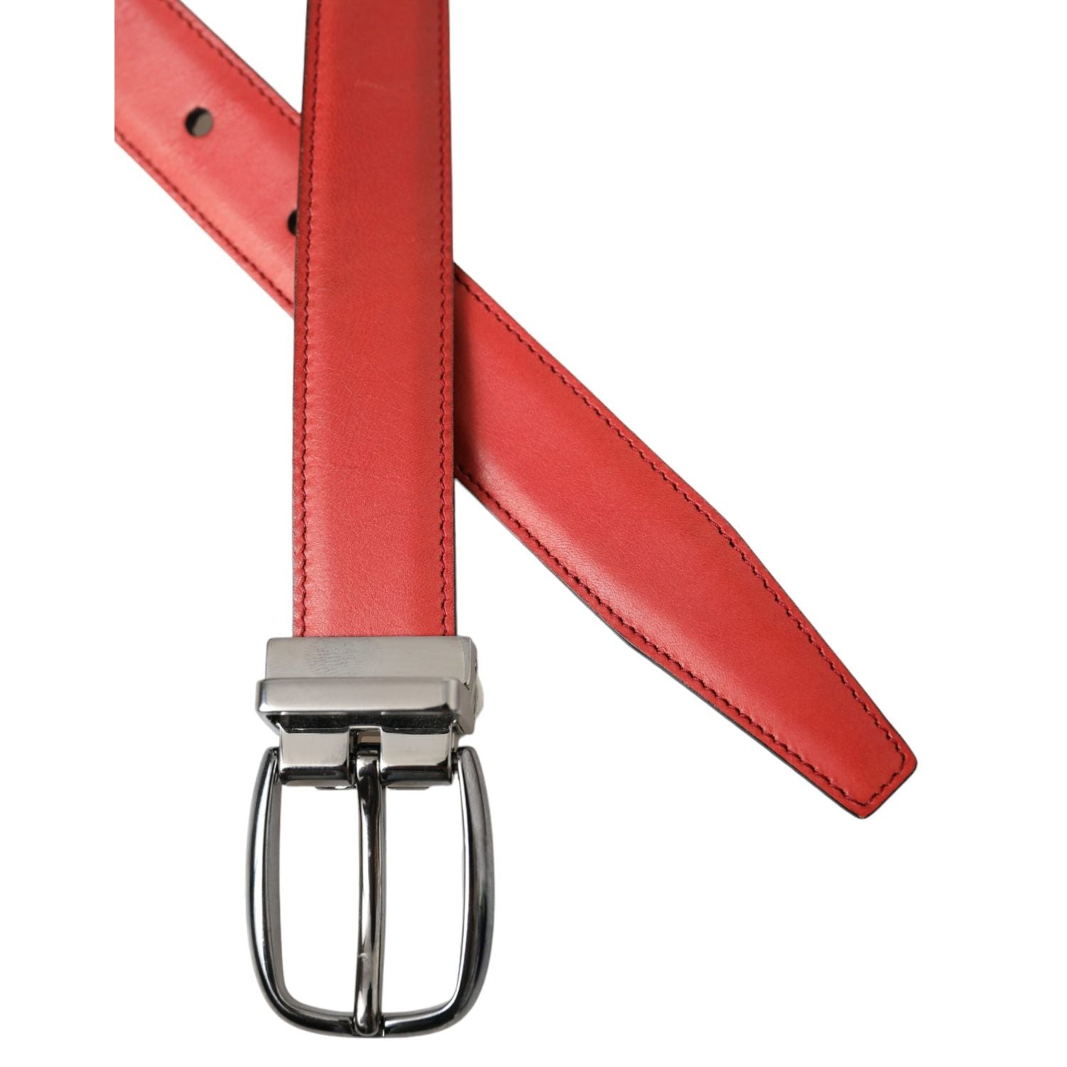 Dolce & Gabbana Red Leather Silver Metal Buckle Belt Men
