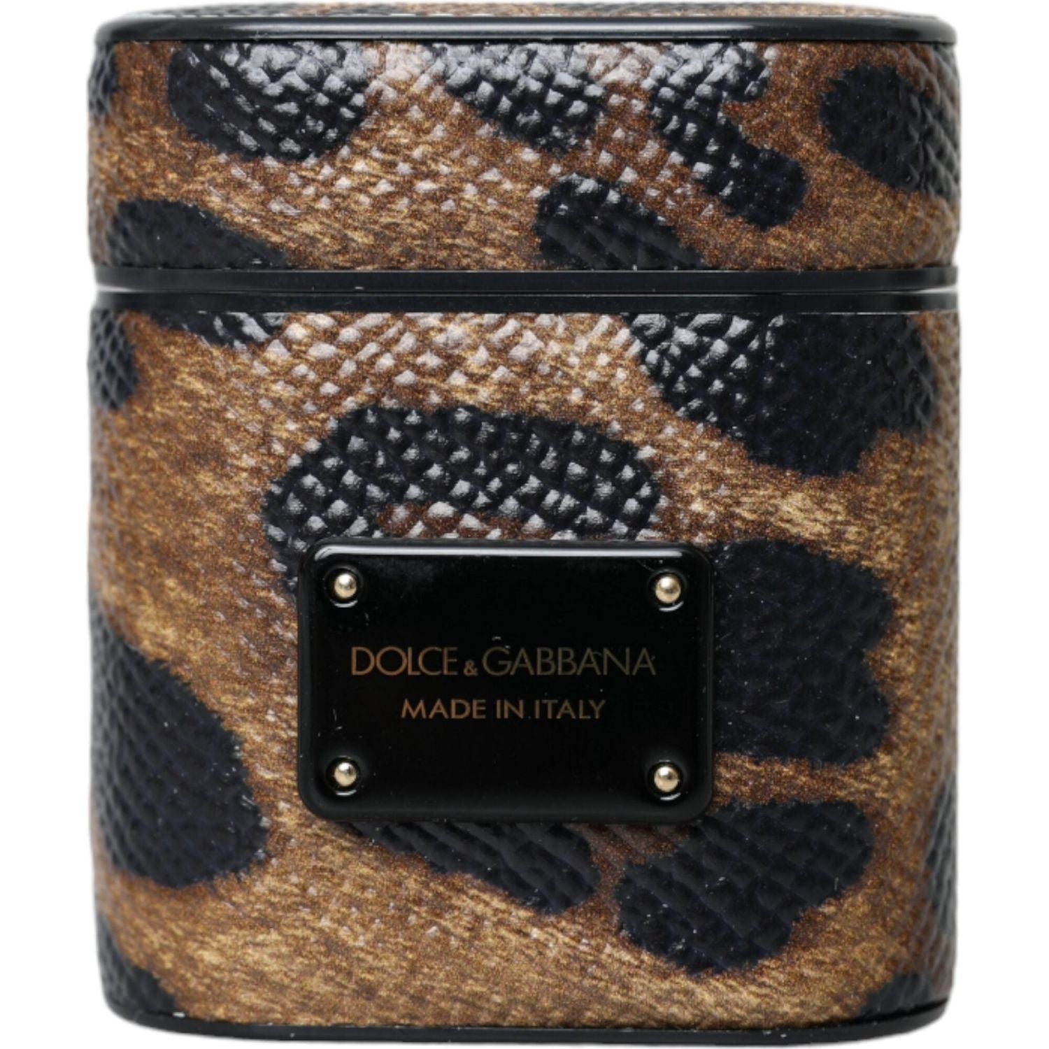 حافظة سماعات Airpods من Dolce &amp; Gabbana مصنوعة من جلد العجل باللون البني مع لوحة معدنية بشعار