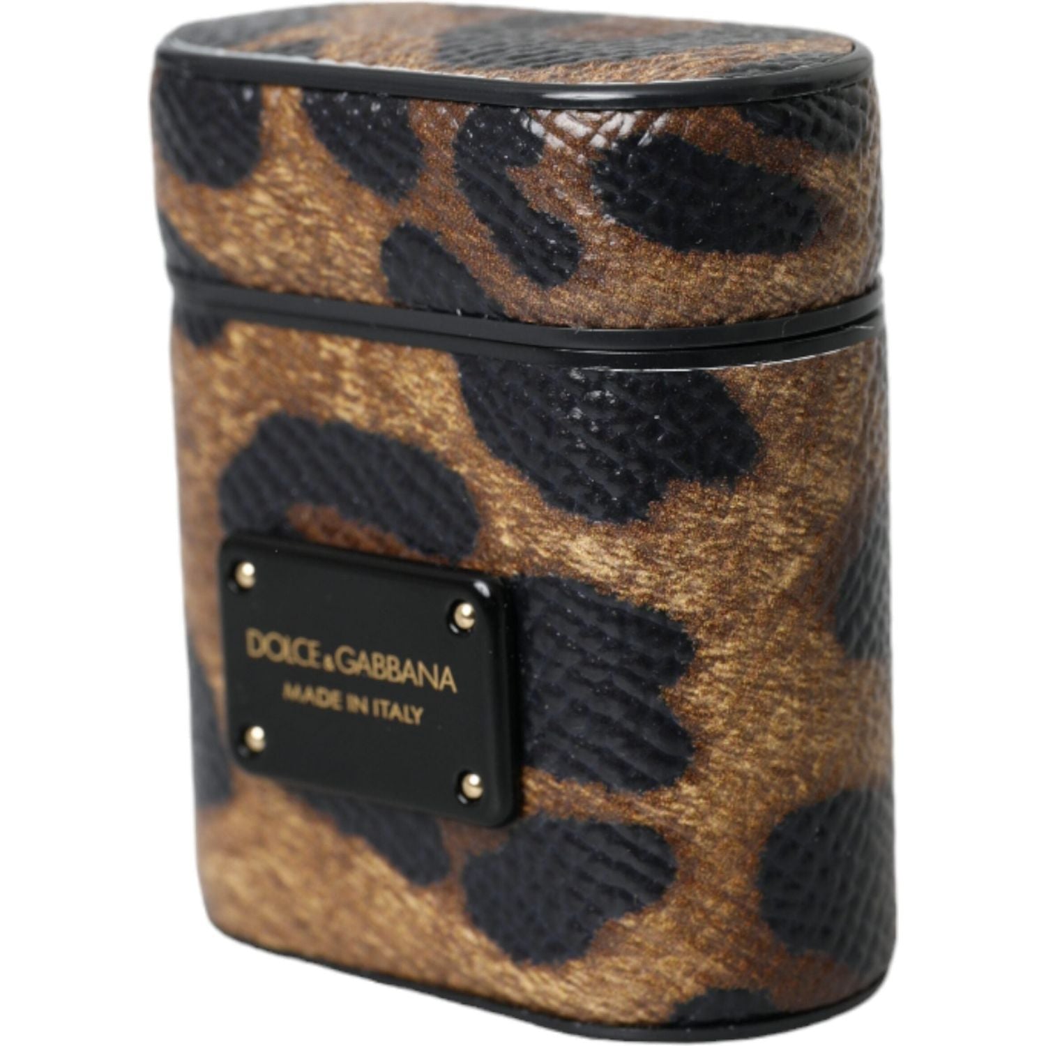 حافظة سماعات Airpods من Dolce &amp; Gabbana مصنوعة من جلد العجل باللون البني مع لوحة معدنية بشعار