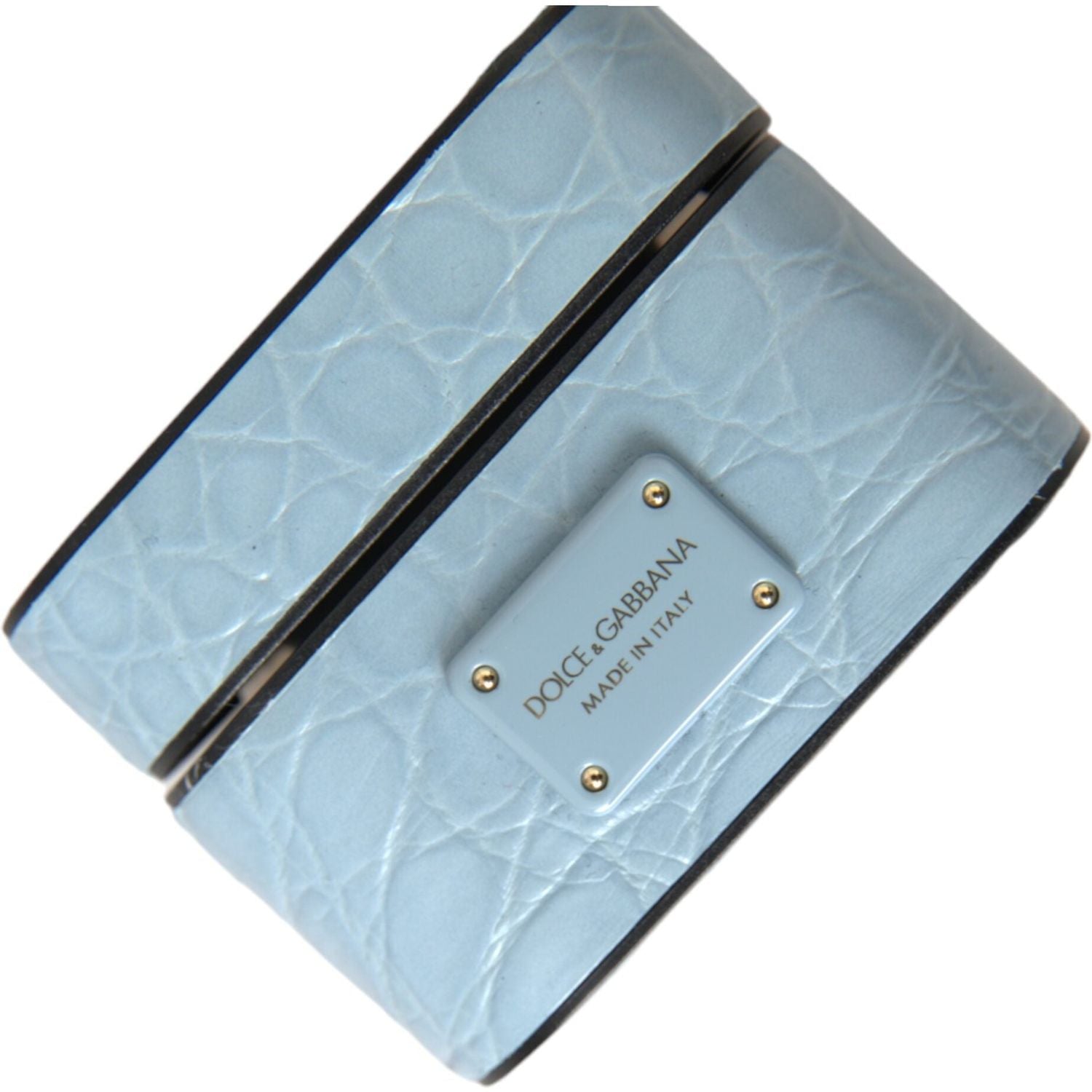 حافظة سماعات Airpods من Dolce &amp; Gabbana مصنوعة من الجلد باللون الأزرق الفاتح ومزينة بشعار معدني