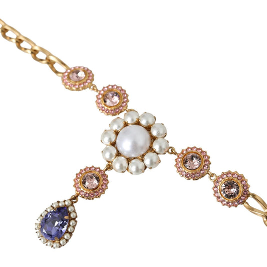 Dolce & Gabbana Gold Brass Crystal Purple Pink Pearl Pendants Necklace SMY10288