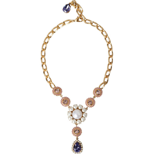 Dolce & Gabbana Gold Brass Crystal Purple Pink Pearl Pendants Necklace SMY10288