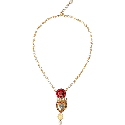 Dolce & Gabbana Gold BrassChain Sacred Heart Rose Crystal Charm Necklace SMY10298