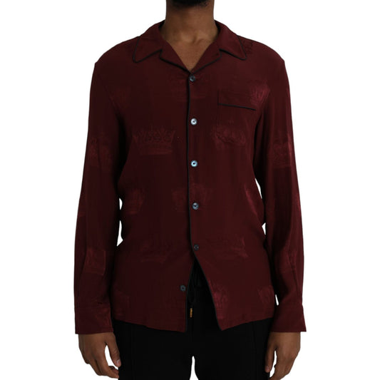 Dolce & Gabbana Maroon Crown Jacquard Silk Long Sleeve Shirt TSH86293-38
