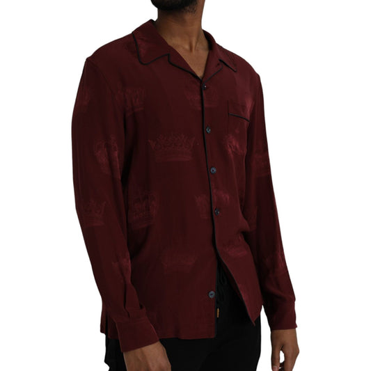 Dolce & Gabbana Maroon Crown Jacquard Silk Long Sleeve Shirt TSH86293-38