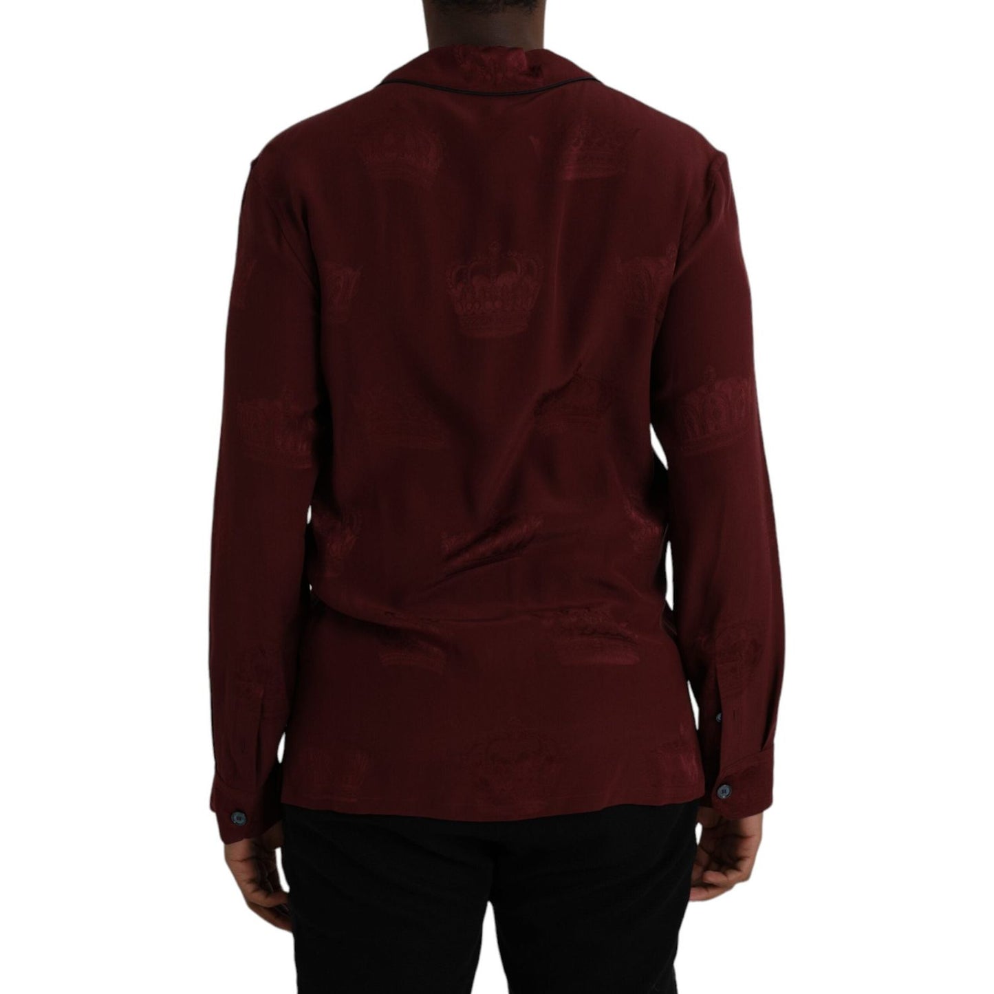 Dolce & Gabbana Maroon Crown Jacquard Silk Long Sleeve Shirt TSH86293-38
