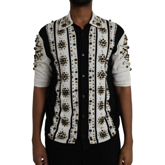 Dolce & Gabbana White Black Silk Studded Stone Crystal Shirt TSH86284-50