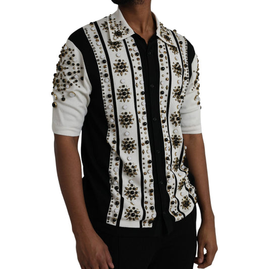 Dolce & Gabbana White Black Silk Studded Stone Crystal Shirt TSH86284-50