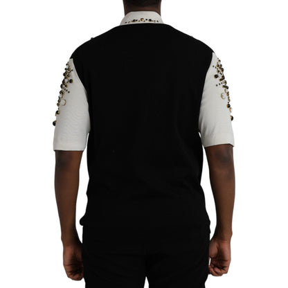 Dolce & Gabbana White Black Silk Studded Stone Crystal Shirt