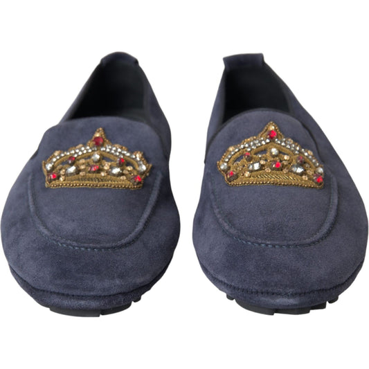 Dolce & Gabbana Blue Leather Suede Crystal Crown Loafers Shoes MV5713-40