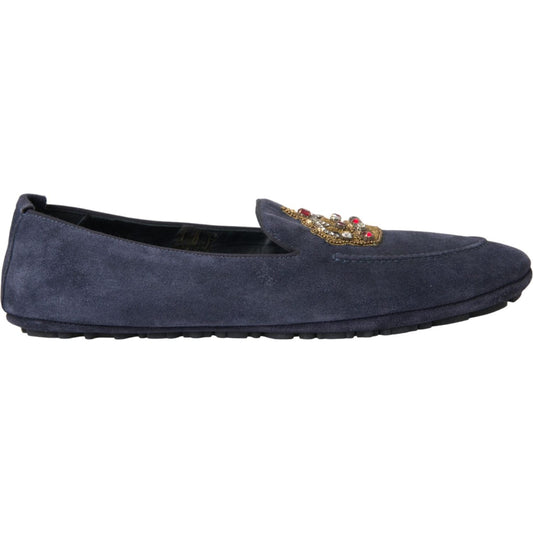 Dolce & Gabbana Blue Leather Suede Crystal Crown Loafers Shoes MV5713-40