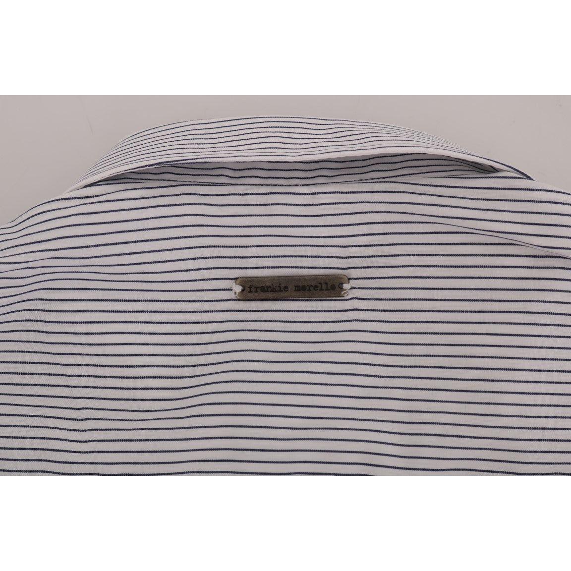 Frankie Morello White Blue Striped Casual Cotton Regular Fit Shirt TSH1398-5