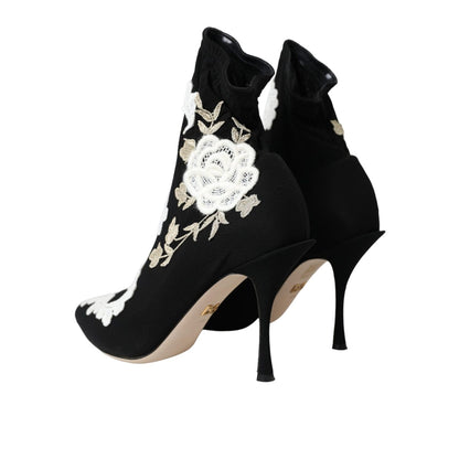 Dolce & Gabbana Black White Embroidery Slip On Boots Shoes