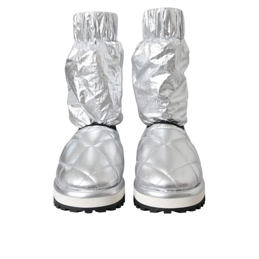 Dolce & Gabbana Metallic Silver Quilted Logo Patch Boot Shoes LA11147-39