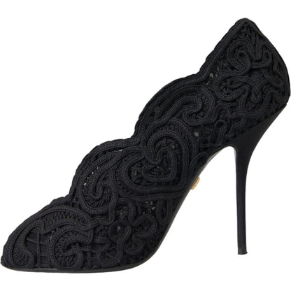 Dolce & Gabbana Black Cordonetto Ricamo Pump Open Toe Shoes
