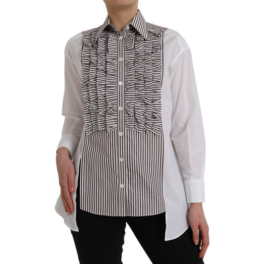 Dolce & Gabbana White Stripes Cotton Long Sleeves Ruffle Collar Top TSH852023-36