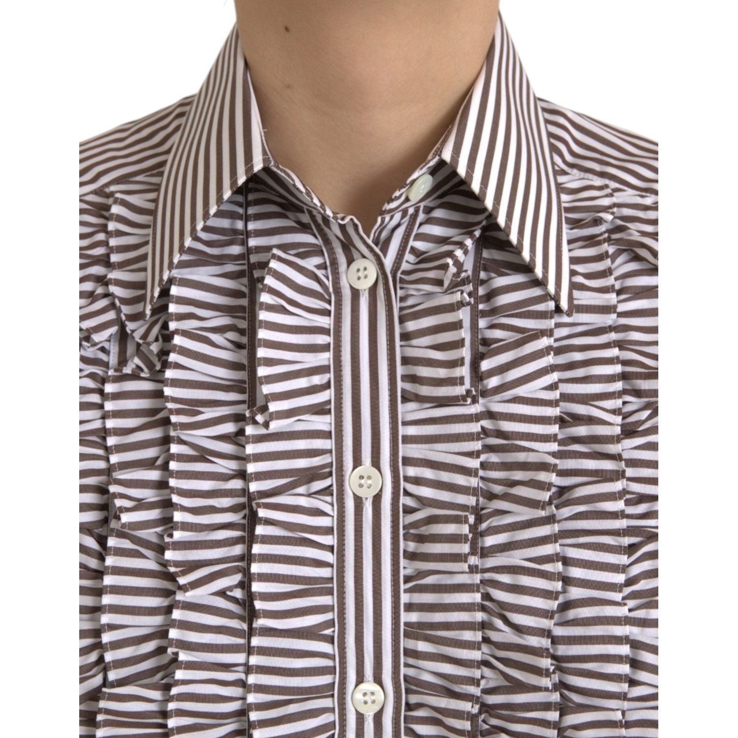 بلوزة دولتشي آند غابانا بيضاء مخططة من القطن بأكمام طويلة وياقة مكشكشة