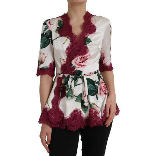 Dolce & Gabbana White Floral Lace Silk Short Sleeves Top TSH852024-42