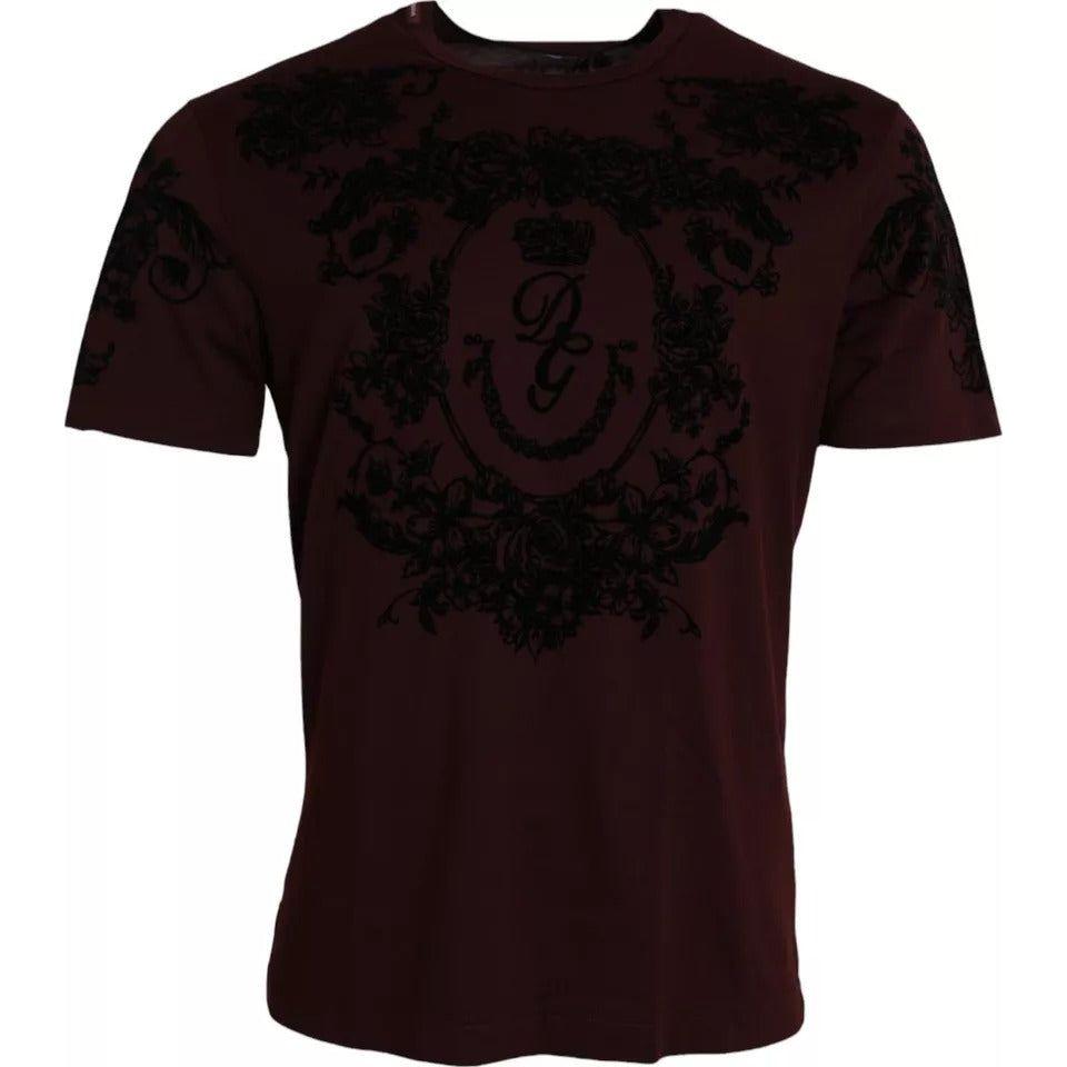 تي شيرت رجالي من Dolce &amp; Gabbana Maroon DG Crown Floral Crewneck