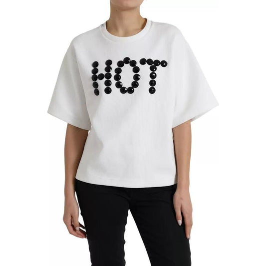 Dolce & Gabbana White Cotton Black HOT Crystal Top T-shirt TSH84220-42