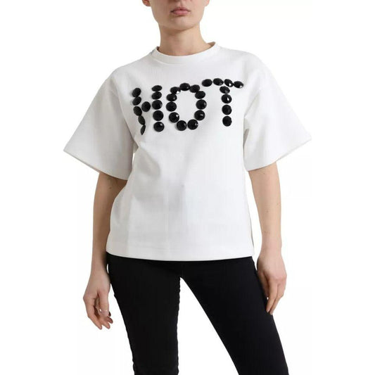 Dolce & Gabbana White Cotton Stretch Black HOT Crystal T-shirt TSH99918-XS