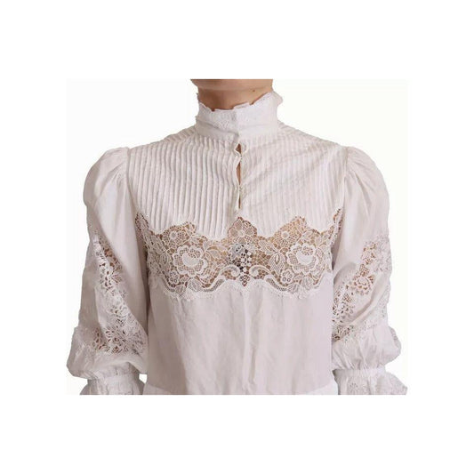 Dolce & Gabbana White Cotton Lace Trim Turtle Neck Blouse Top TSH7468-40