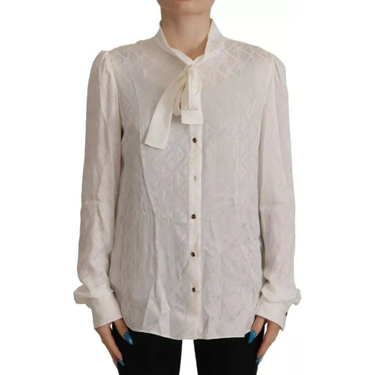 Dolce & Gabbana White Patterned Silk Ascot Collar Blouse Top TSH7824-42
