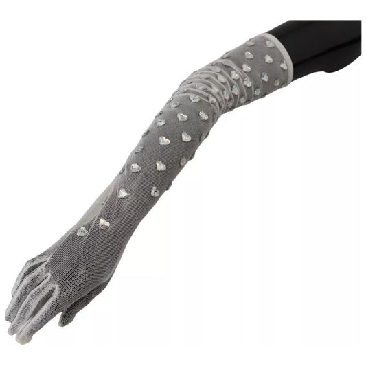 Dolce & Gabbana White Crystal Elbow Length Cotton Tulle Gloves LB3098-7.5