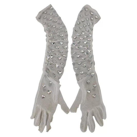 Dolce & Gabbana White Crystal Elbow Length Cotton Tulle Gloves LB3098-7.5