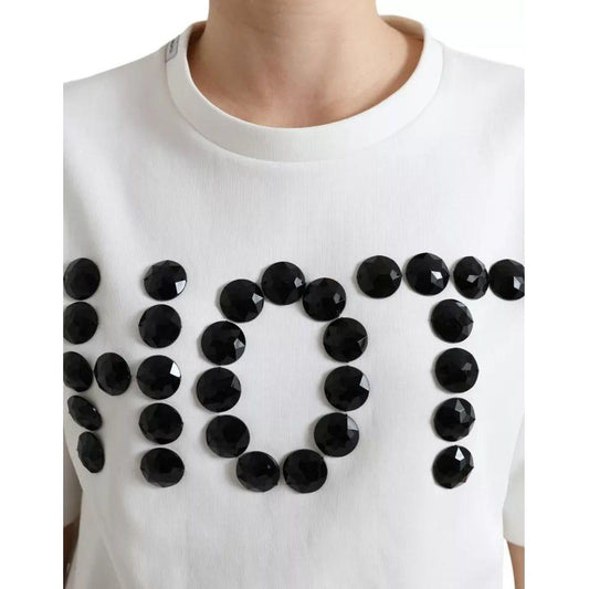 Dolce & Gabbana White Cotton Stretch Black HOT Crystal T-shirt TSH99917-S