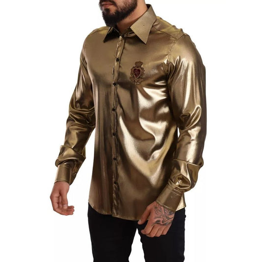 Dolce & Gabbana Metallic Gold DG Embroidered Crown Silk Top Shirt TSH6413-41