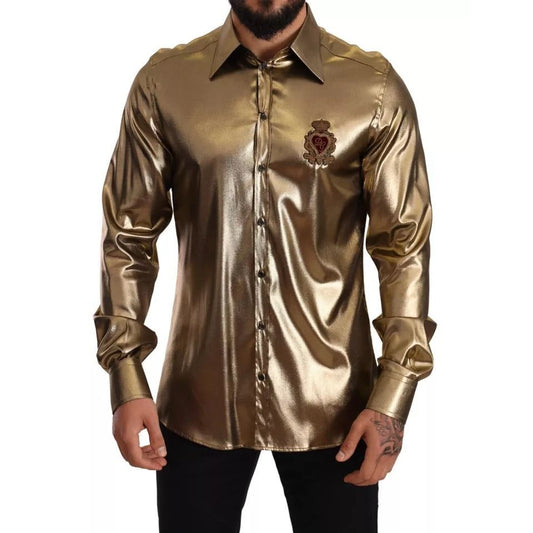 Dolce & Gabbana Metallic Gold DG Embroidered Crown Silk Top Shirt TSH6413-41