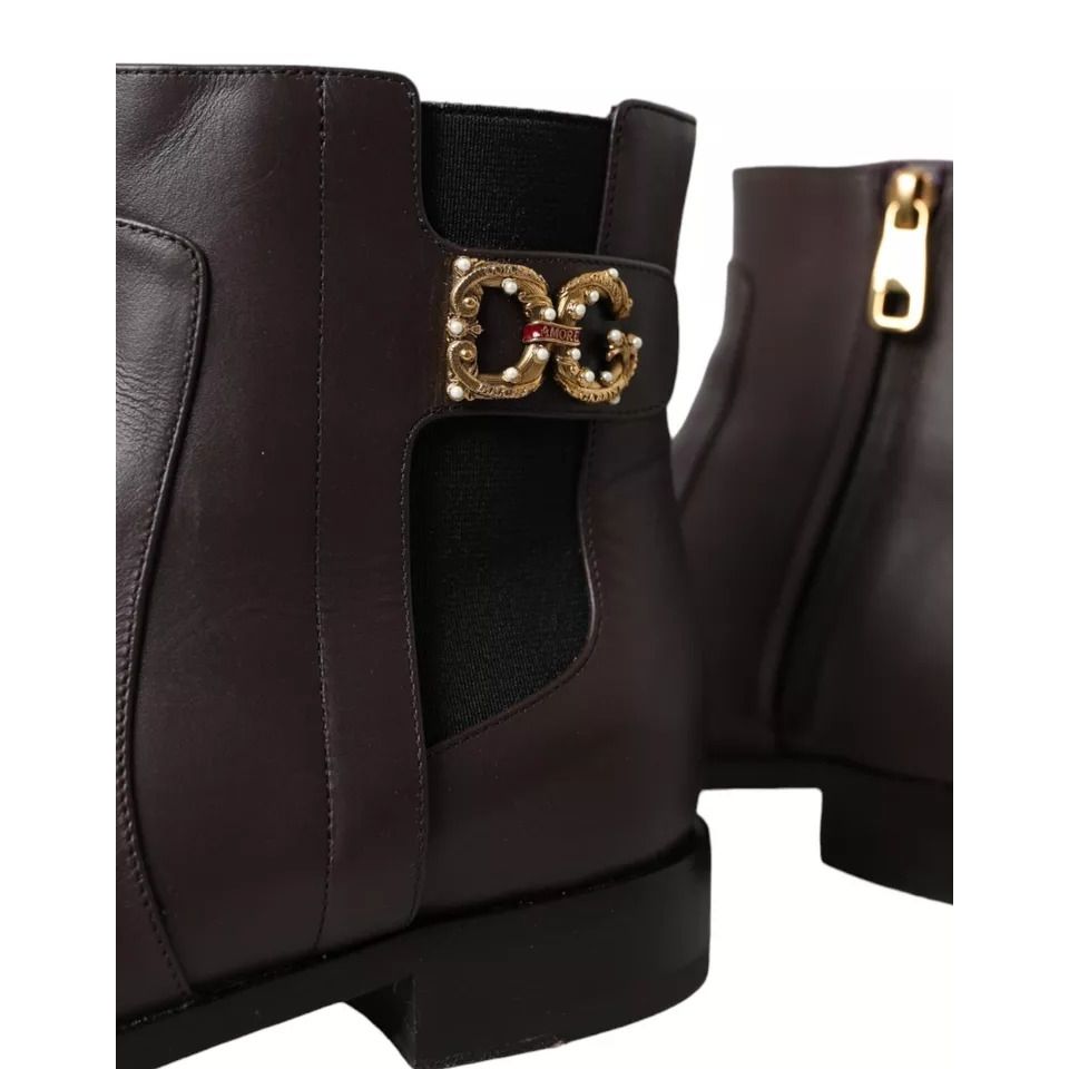 Dolce & Gabbana Brown Leather AMORE Flats Ankle Boots Shoes