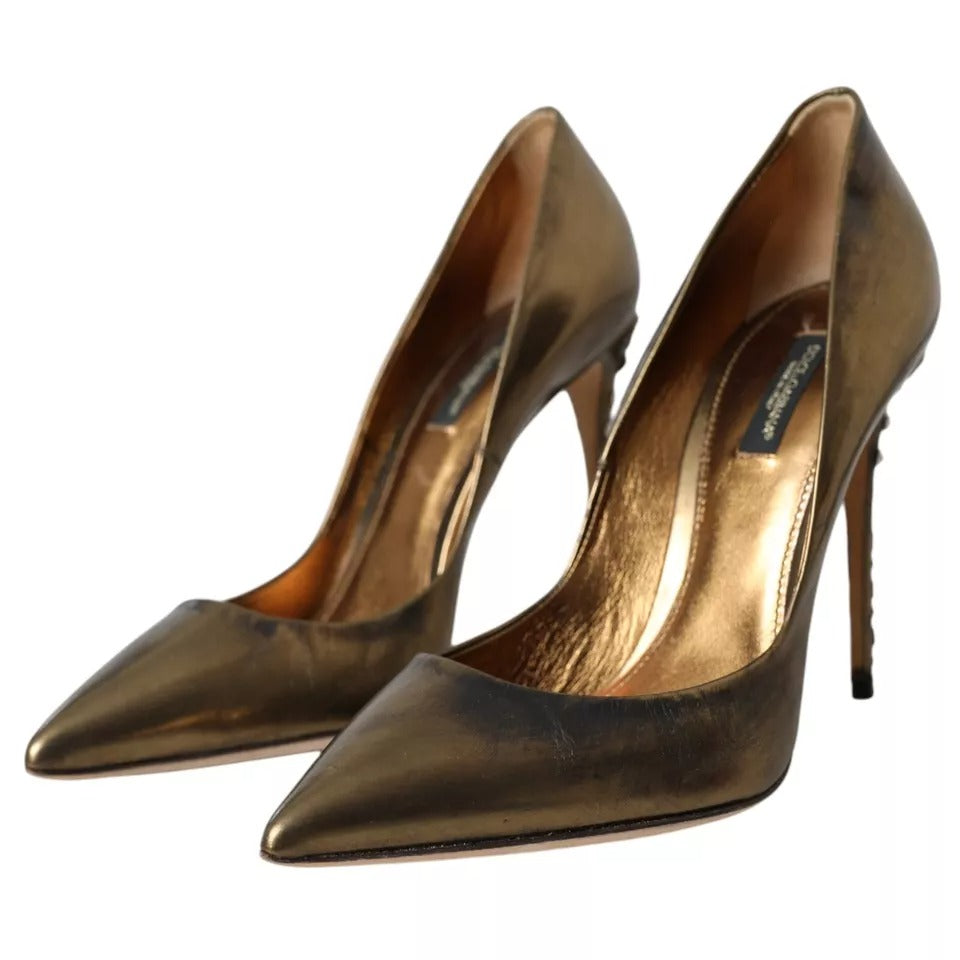 Dolce & Gabbana Bronze Leather Embellished Heels Pumps Shoes LA10912-39