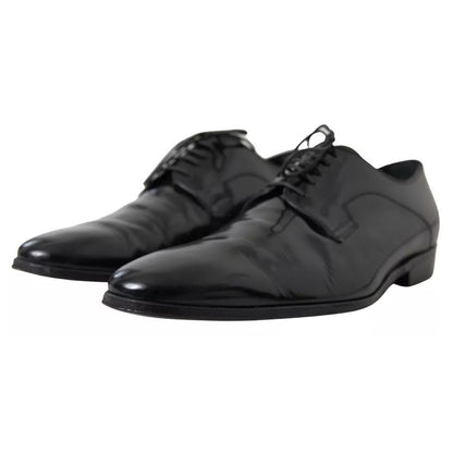 Dolce & Gabbana Black Polished Leather Formal Dress Shoes, exquisite men's footwear with logo details, slightly preowned.