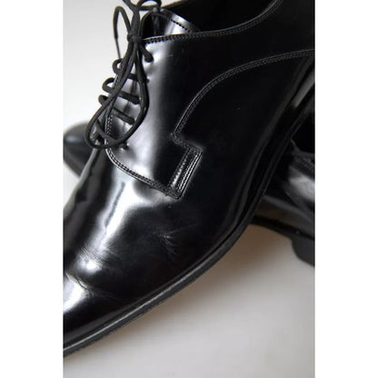 Dolce & Gabbana Black Polished Leather Formal Dress Shoes with lace-up design, featuring logo details and leather outer sole.